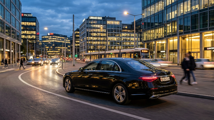 Scenic image of a luxury chauffeur vehicle at Jet d’Eau Geneva with Cheap Jet d’Eau Driver Geneva focus keyword in middle