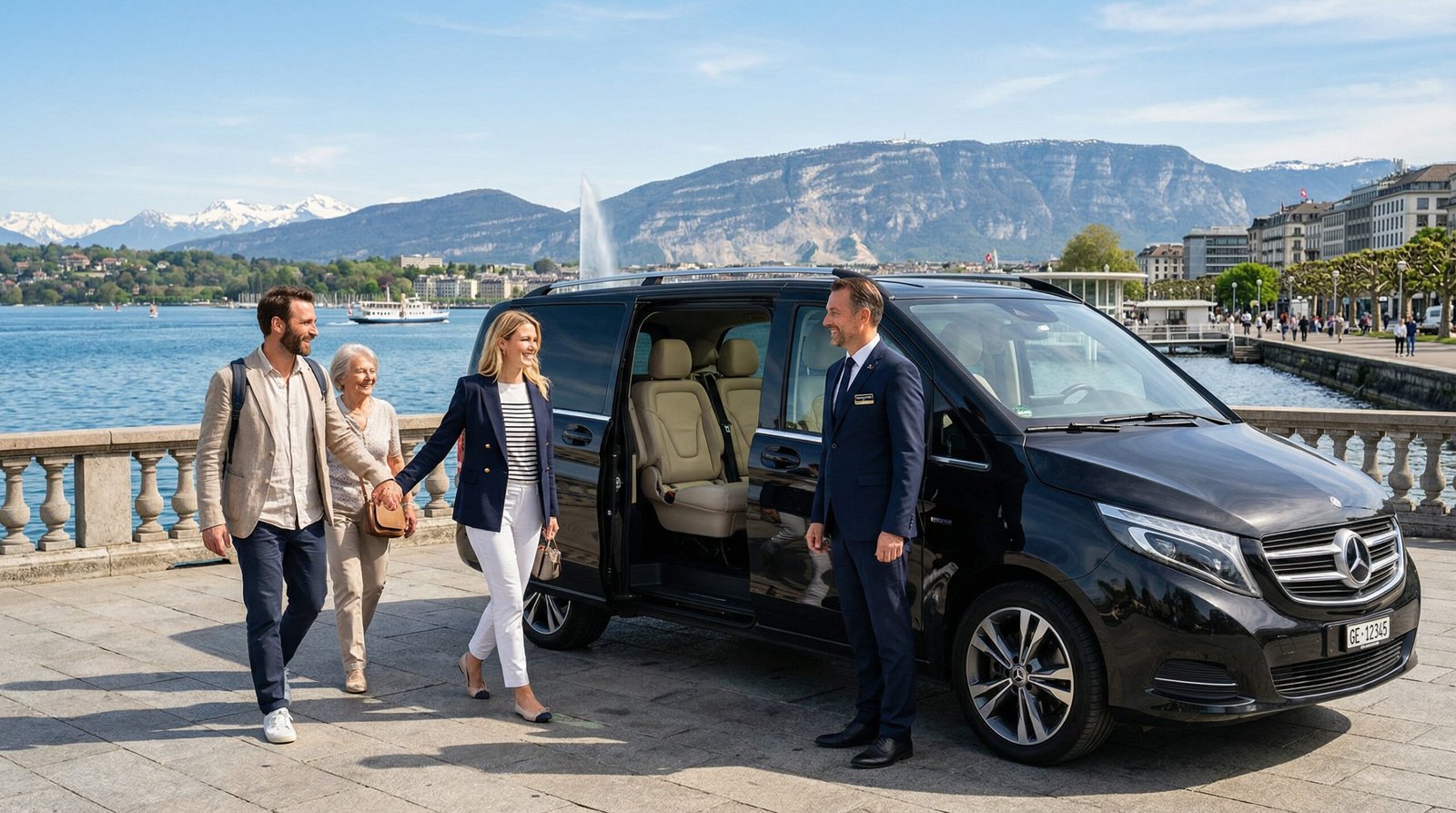 Driver Service Lake Geneva Area Budget, luxury van with professional chauffeur, Cheap Jet d’Eau Driver Geneva, scenic Lake Geneva backdrop