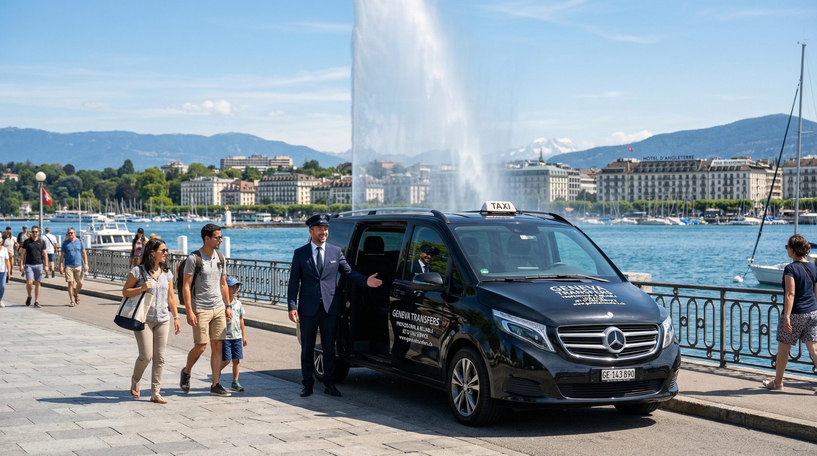 Professional luxury chauffeur at Jet d’Eau Geneva, providing Cheap Jet d’Eau Driver Geneva for airport, hotel, and tourist pickups